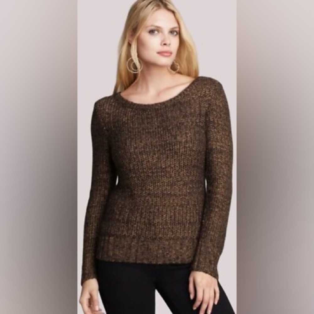 Eileen Fisher Metallic Gold Ballet Neck Open Knit Alpaca Mohair Blend Sweater LG